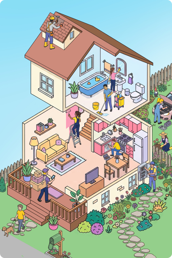 Ilustración de profesionales trabajando en una casa